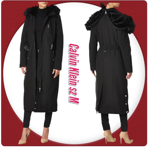 Calvin Klein Hooded Faux-Fur-Trim Water Resistant Zipper Closure Maxi Raincoat - Picture 1 of 12